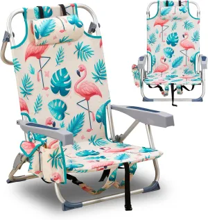 Backpack Beach Chair for Adults, 5 Adjustable Positions, Portable Lightweight Folding Reclining with Storage Pouch, Side Pockets, Shoulder Strap for Outdoor Use (Flamingo Pattern)