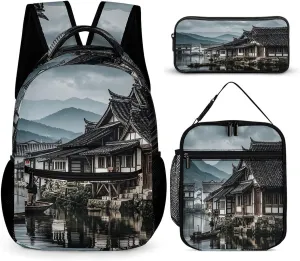 Backpack Lunch Bag Pencil Pouch Set, Antique Countryside Print Lightweight & Durable 3-Piece Combo Ideal for Work, And Travel