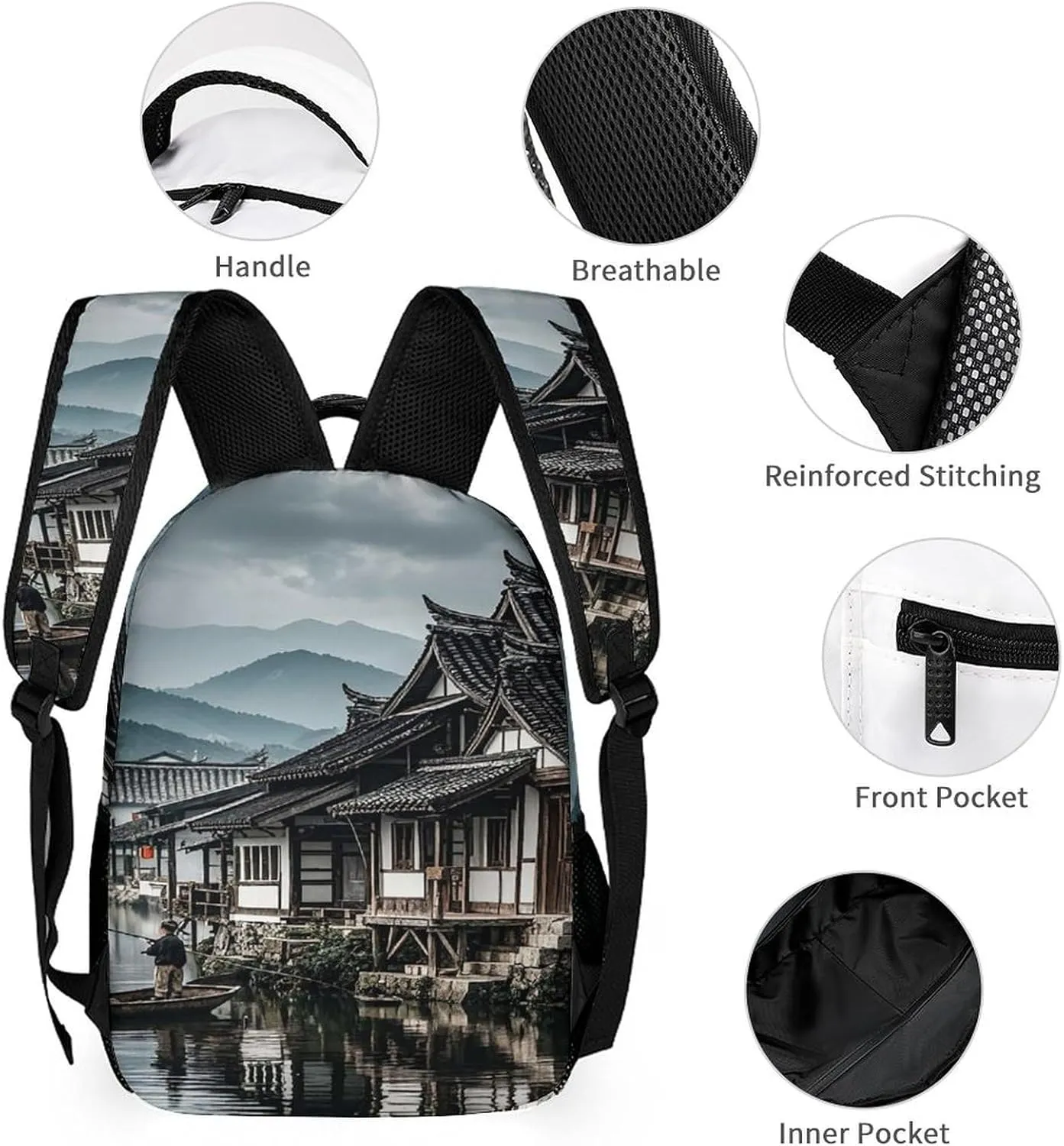 Backpack Lunch Bag Pencil Pouch Set, Antique Countryside Print Lightweight & Durable 3-Piece Combo Ideal for Work, And Travel