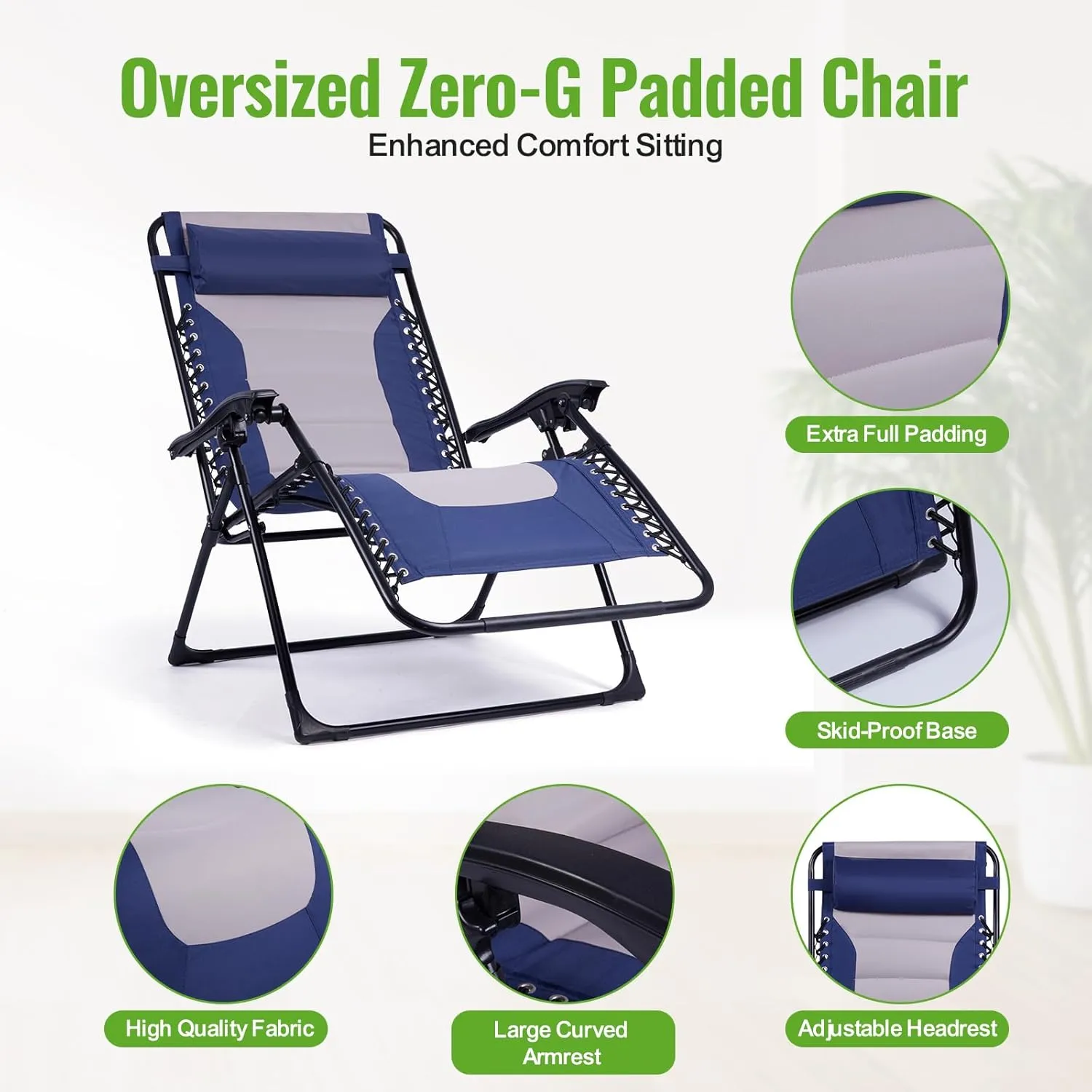 Backyard Expressions Deluxe XL Padded Recliner Chair – Ergonomic Anti-Gravity Lounger with Folding Design, Side Tray, and Adjustable Headrest