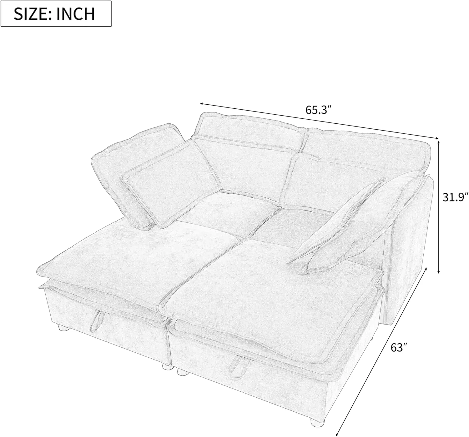 Ball & Cast 65" Modular Sectional Sofa,Convertible Cloud Couch Set,Minimalist Oversized 4 Seat with Double-Layer Cushions & Storage Space,Comfy Deep Seat Sofas,for Living Room,Office,Apartment,Grey