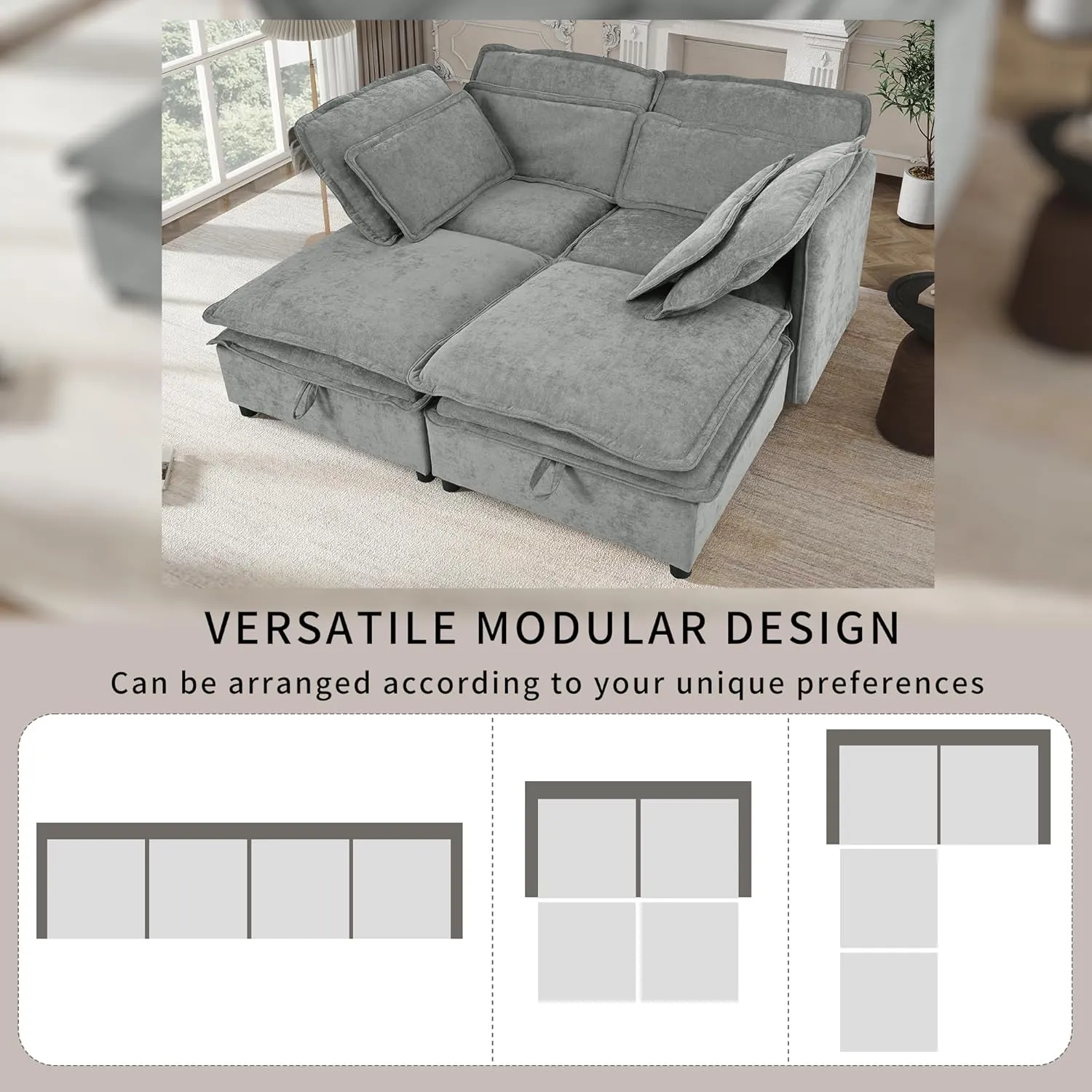 Ball & Cast 65" Modular Sectional Sofa,Convertible Cloud Couch Set,Minimalist Oversized 4 Seat with Double-Layer Cushions & Storage Space,Comfy Deep Seat Sofas,for Living Room,Office,Apartment,Grey
