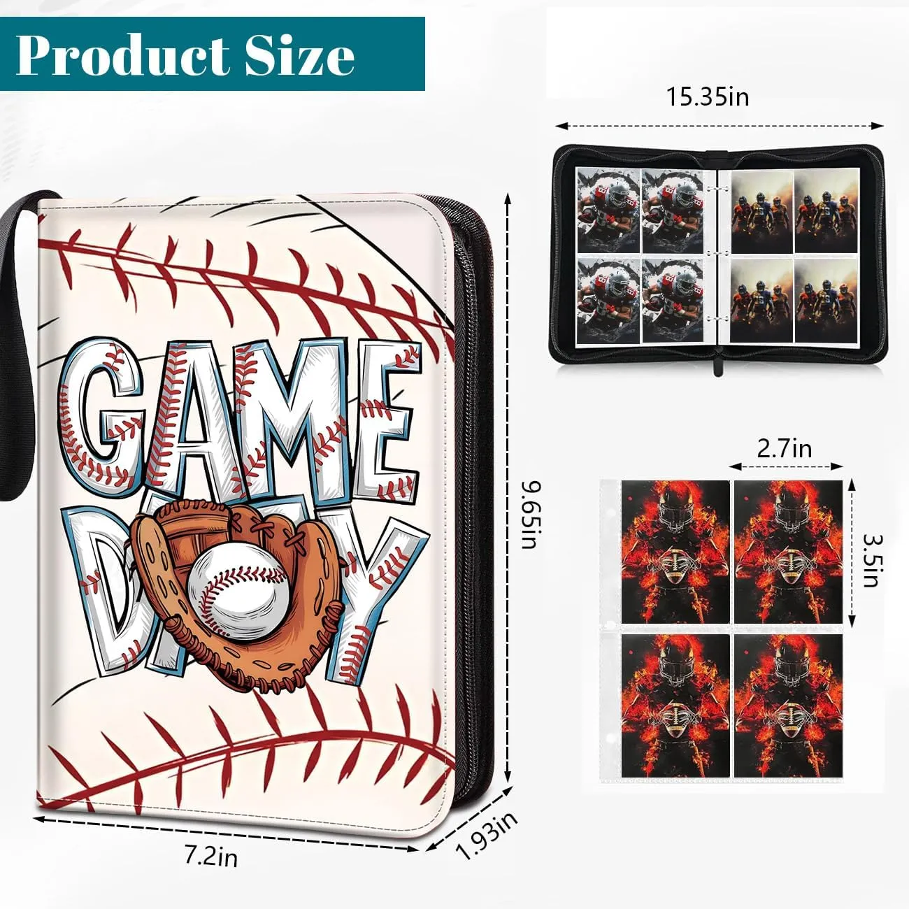 Baseball Card Binder, Trading Card Holder Protectors, 4 Pocket Fits 400 Cards with 50 Removable Sleevesves Card Storage Album Folder Case Collector