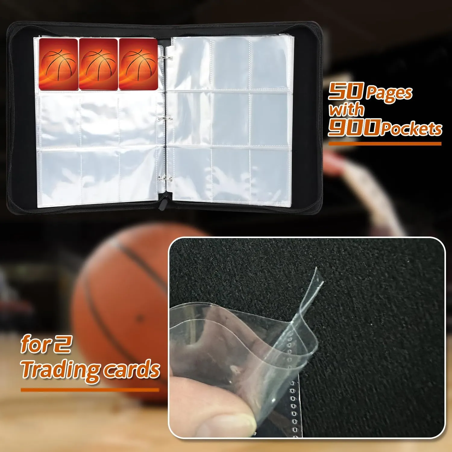 Basketball Card Binder, 900 Pockets Los Angeles Basketball Card Holder for #24 Trading Cards with 50 Removable Sleeves 9 Pocket Zipper 3 Ring Folder Album Book Collection Organizer Storage Protector