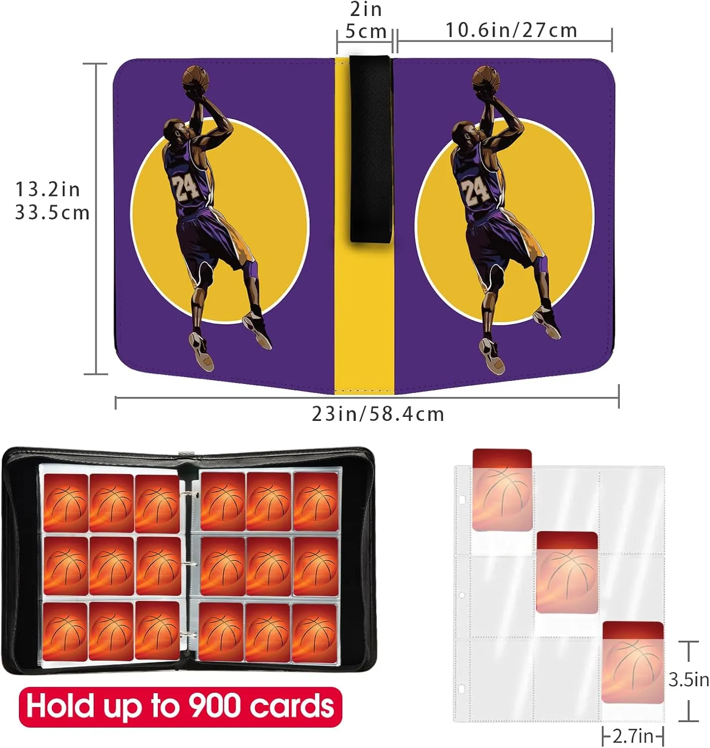 Basketball Card Binder, 900 Pockets Los Angeles Basketball Card Holder for #24 Trading Cards with 50 Removable Sleeves 9 Pocket Zipper 3 Ring Folder Album Book Collection Organizer Storage Protector