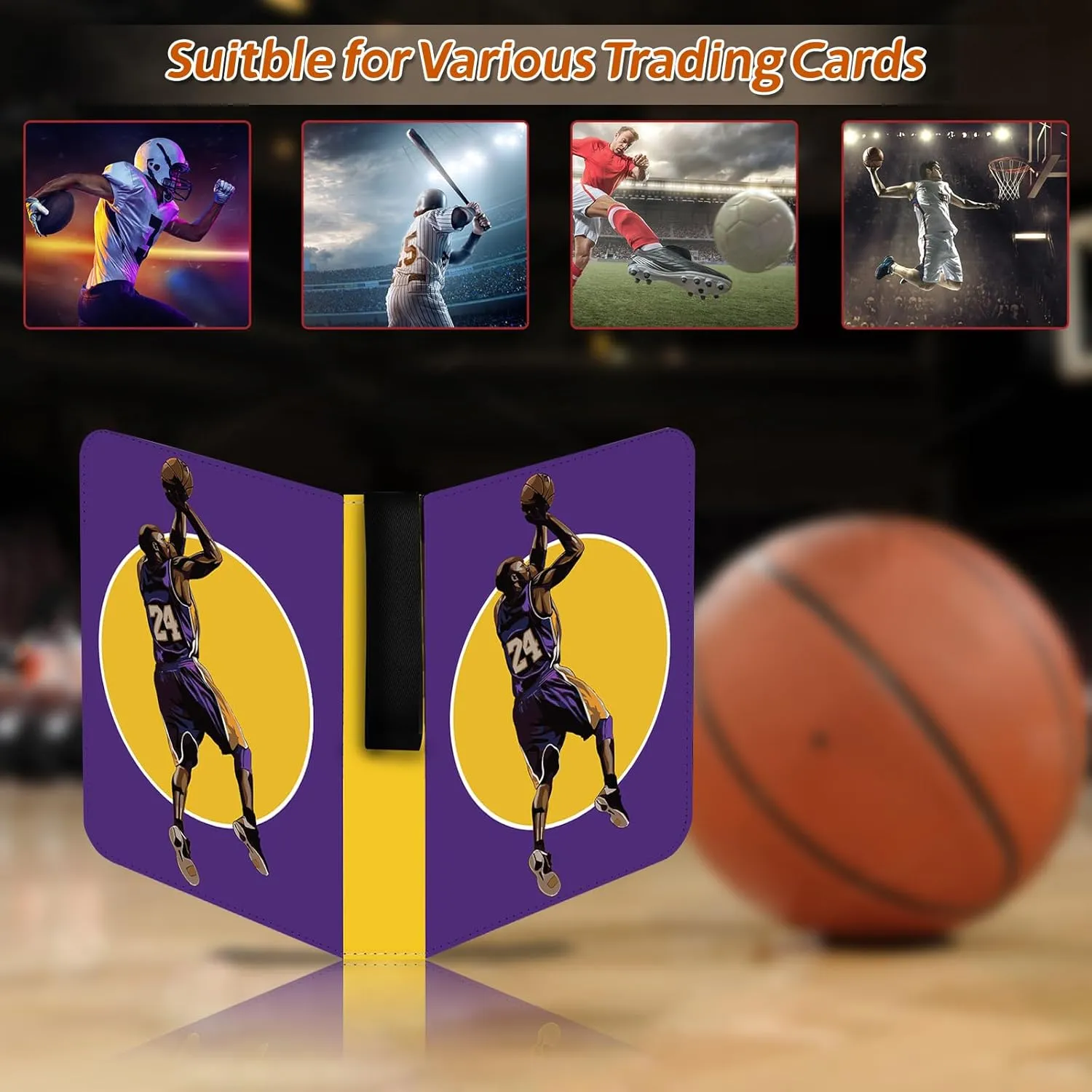 Basketball Card Binder, 900 Pockets Los Angeles Basketball Card Holder for #24 Trading Cards with 50 Removable Sleeves 9 Pocket Zipper 3 Ring Folder Album Book Collection Organizer Storage Protector