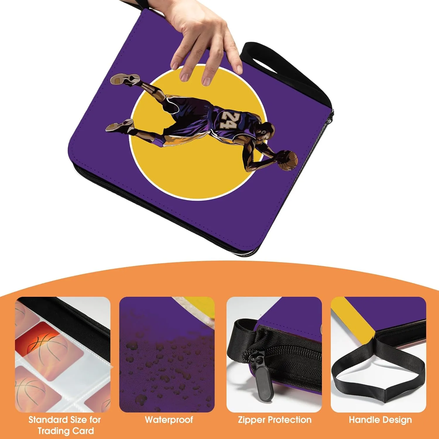 Basketball Card Binder, 900 Pockets Los Angeles Basketball Card Holder for #24 Trading Cards with 50 Removable Sleeves 9 Pocket Zipper 3 Ring Folder Album Book Collection Organizer Storage Protector