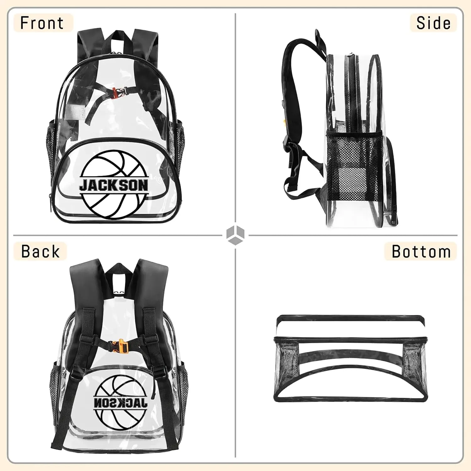 Basketball Clear Bookbag, Personalized Name Transparent Black Backpack, Custom See Through Travel Sport Plastic Back Pack PVC with Reinforced Strap, Waterproof