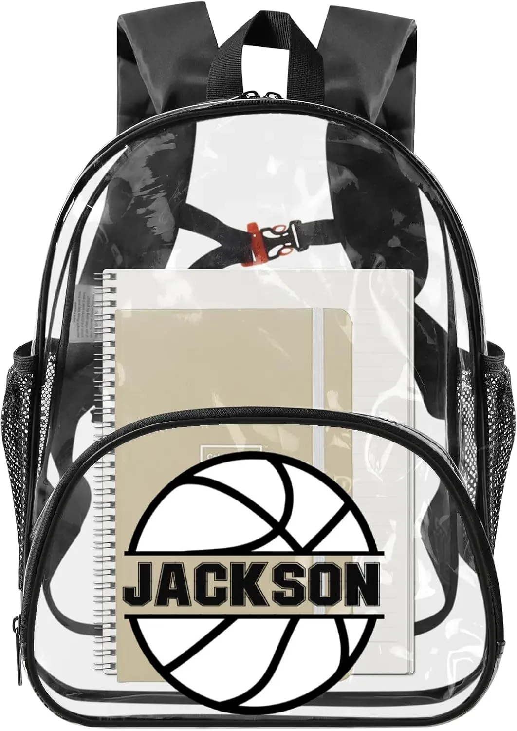 Basketball Clear Bookbag, Personalized Name Transparent Black Backpack, Custom See Through Travel Sport Plastic Back Pack PVC with Reinforced Strap, Waterproof