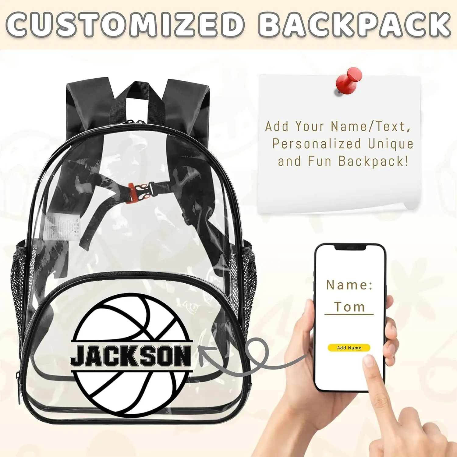 Basketball Clear Bookbag, Personalized Name Transparent Black Backpack, Custom See Through Travel Sport Plastic Back Pack PVC with Reinforced Strap, Waterproof
