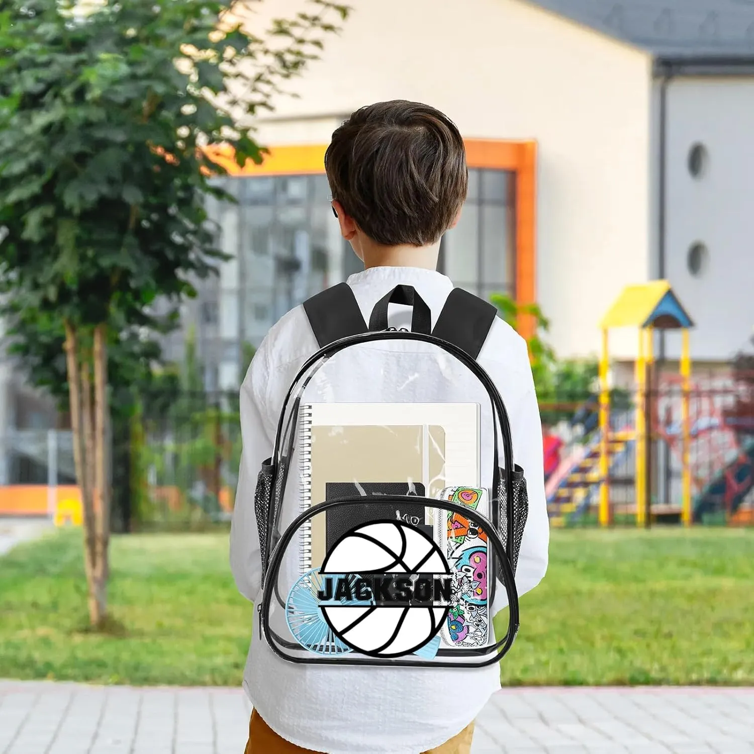 Basketball Clear Bookbag, Personalized Name Transparent Black Backpack, Custom See Through Travel Sport Plastic Back Pack PVC with Reinforced Strap, Waterproof