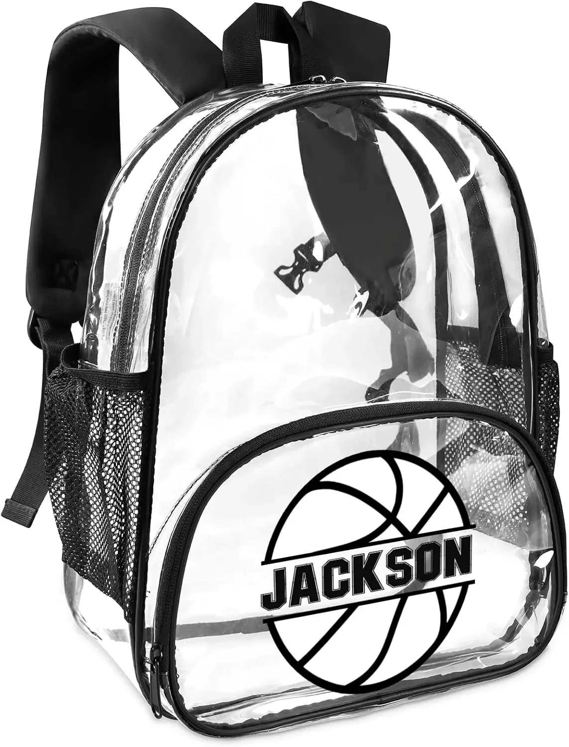 Basketball Clear Bookbag, Personalized Name Transparent Black Backpack, Custom See Through Travel Sport Plastic Back Pack PVC with Reinforced Strap, Waterproof
