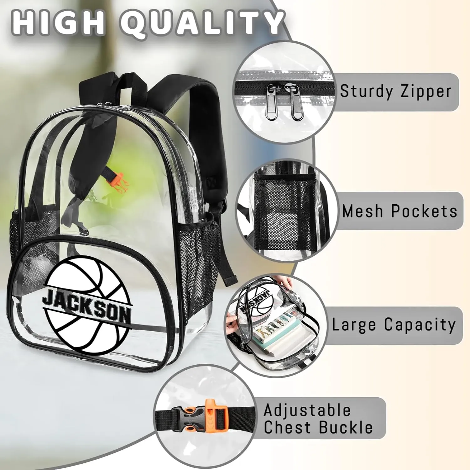 Basketball Clear Bookbag, Personalized Name Transparent Black Backpack, Custom See Through Travel Sport Plastic Back Pack PVC with Reinforced Strap, Waterproof