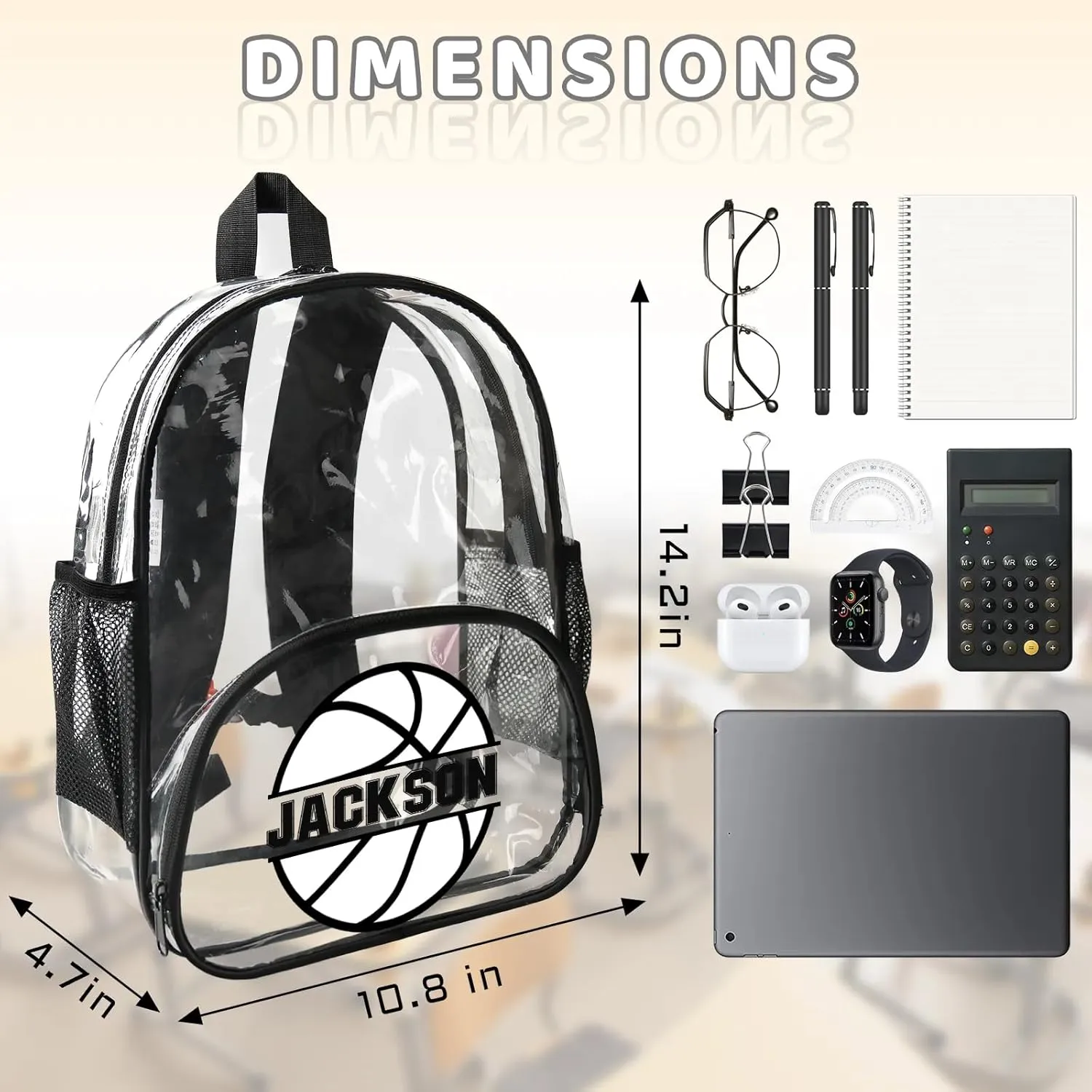 Basketball Clear Bookbag, Personalized Name Transparent Black Backpack, Custom See Through Travel Sport Plastic Back Pack PVC with Reinforced Strap, Waterproof