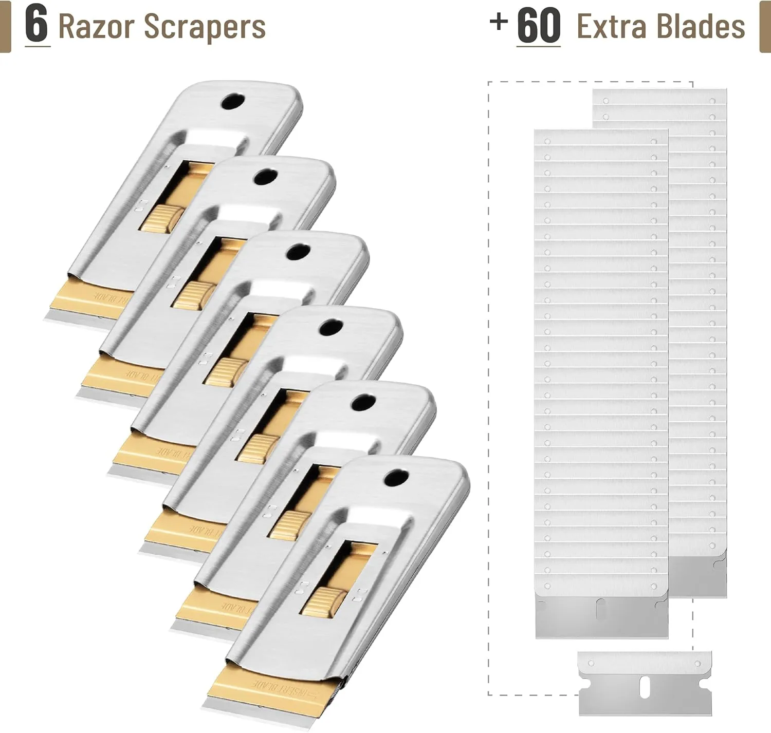 Bates Choice Metal Razor Blade Scraper Tool, Pack of 6, 60 Extra Carbon Steel Blades, Stainless Steel Heavy-Duty Cleaning Razor Scraper Tool