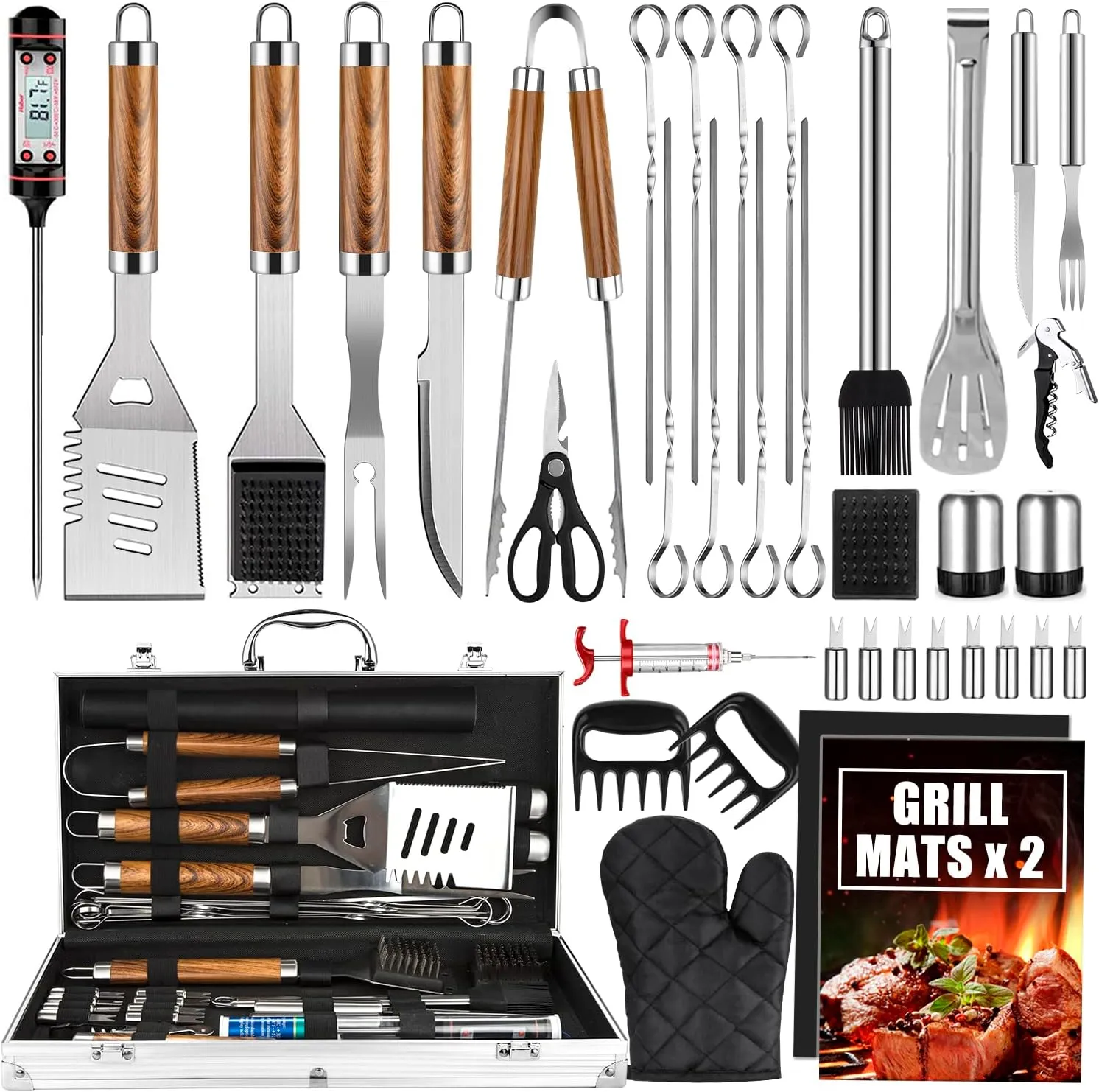 BBQ Grill Accessories Set, 38Pcs Stainless Steel Grill Tools Grilling Accessories with Aluminum Case, Thermometer, Grill Mats for Camping/Backyard Barbecue, Grill Set for Men Women