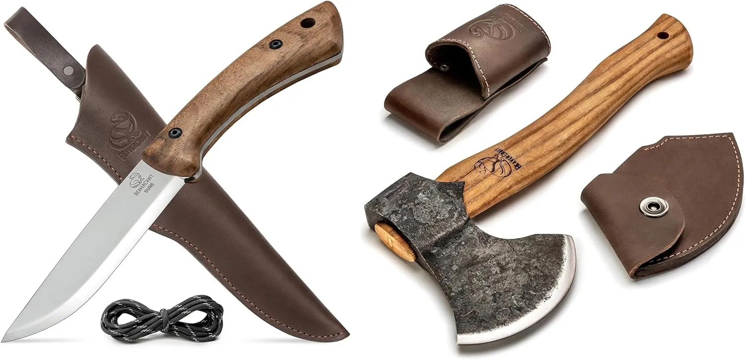 BeaverCraft AX3 Camping Hatchet Axe BSH1 Dune Bushcraft Fixed Blade Knife With Leather Sheath