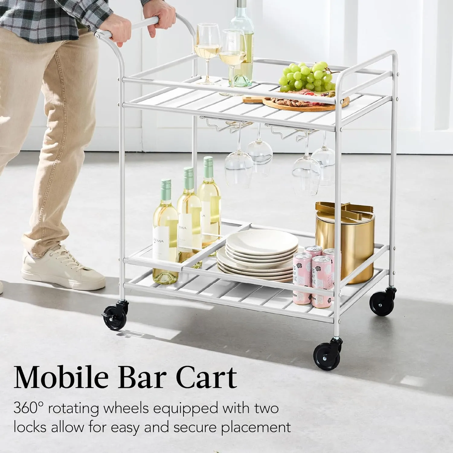 Best Choice Products Outdoor Mobile Patio Bar Cart, Home Bar Serving Cart, BBQ Side Table w/ 2 Tier Storage, Wine Rack, Lockable Wheels - White