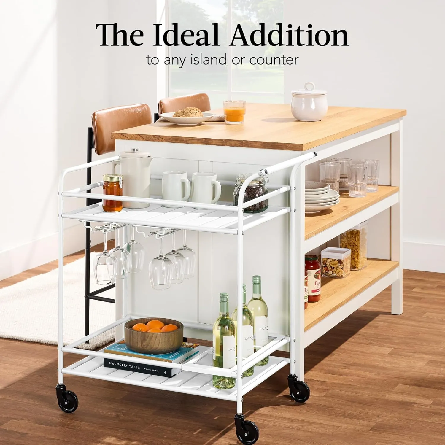 Best Choice Products Outdoor Mobile Patio Bar Cart, Home Bar Serving Cart, BBQ Side Table w/ 2 Tier Storage, Wine Rack, Lockable Wheels - White