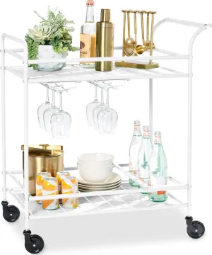 Best Choice Products Outdoor Mobile Patio Bar Cart, Home Bar Serving Cart, BBQ Side Table w/ 2 Tier Storage, Wine Rack, Lockable Wheels - White