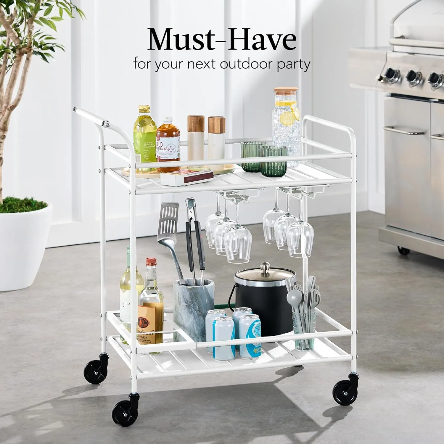 Best Choice Products Outdoor Mobile Patio Bar Cart, Home Bar Serving Cart, BBQ Side Table w/ 2 Tier Storage, Wine Rack, Lockable Wheels - White