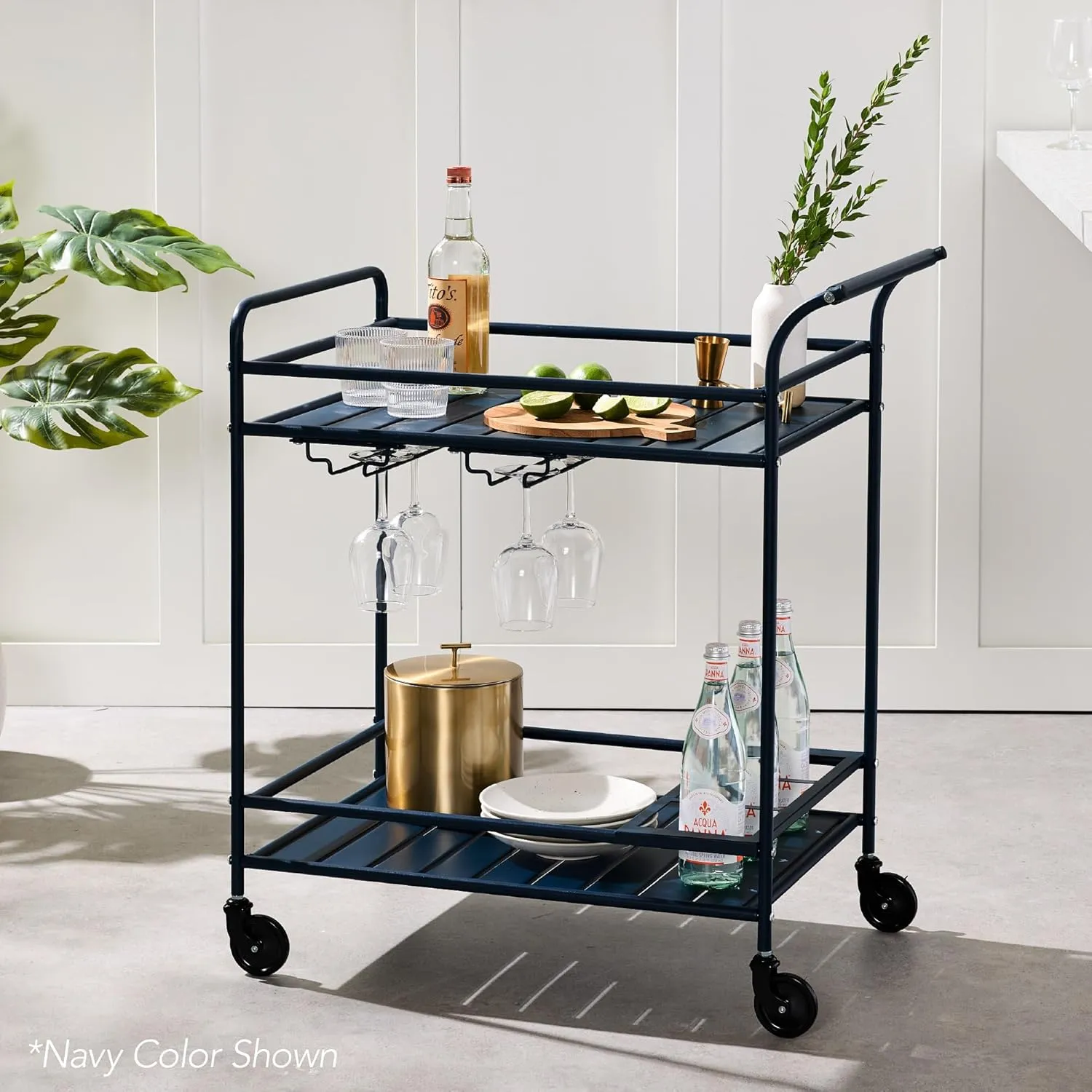 Best Choice Products Outdoor Mobile Patio Bar Cart, Home Bar Serving Cart, BBQ Side Table w/ 2 Tier Storage, Wine Rack, Lockable Wheels - White