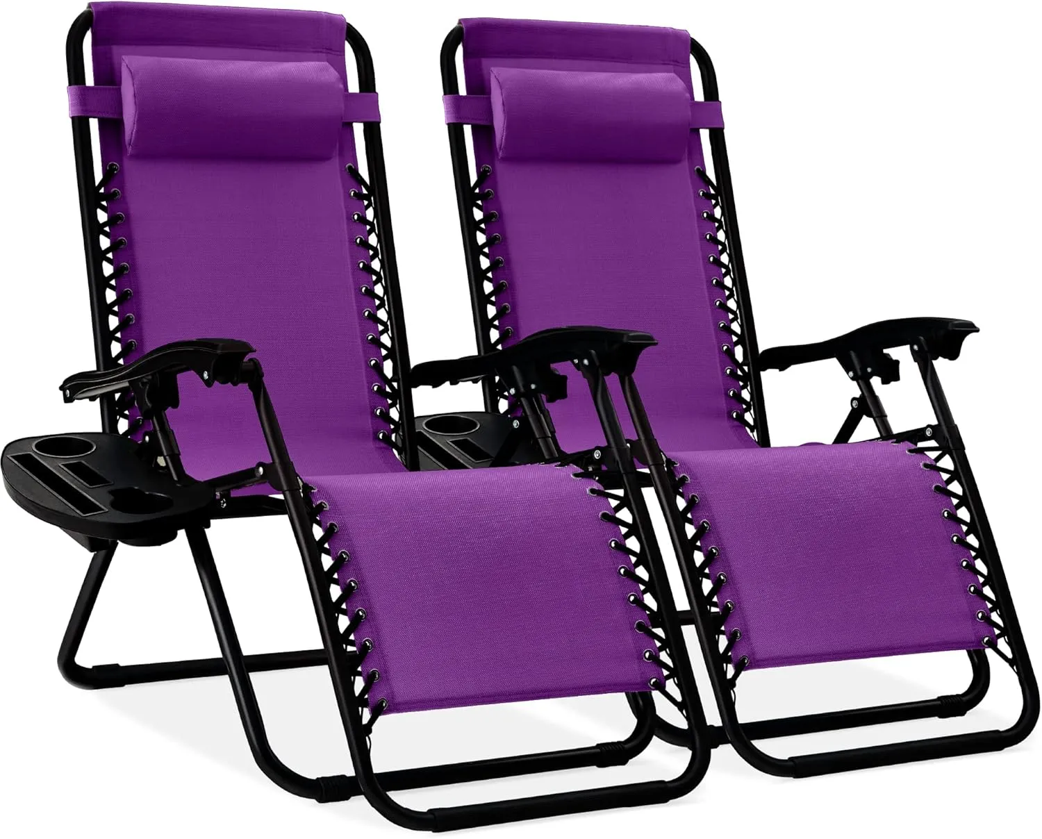 Best Choice Products Set of 2 Adjustable Steel Mesh Zero Gravity Lounge Chair Recliners w/Pillows and Cup Holder Trays - Amethyst Purple
