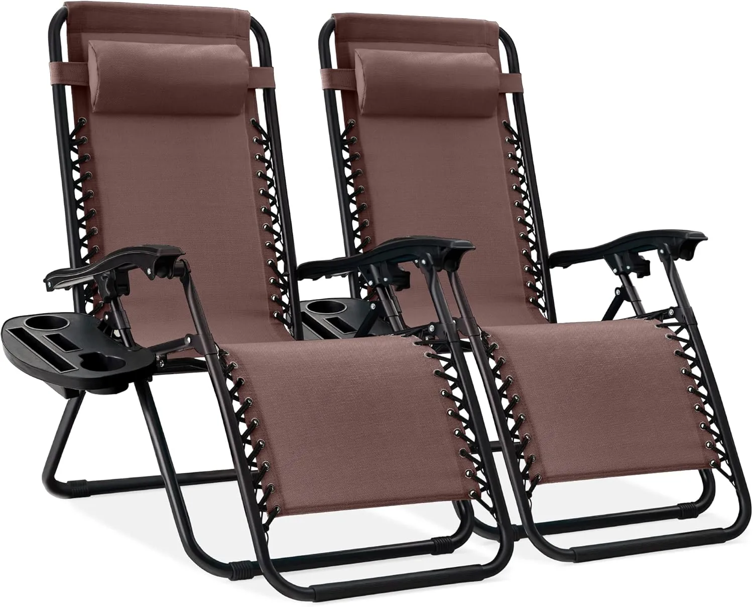 Best Choice Products Set of 2 Adjustable Steel Mesh Zero Gravity Lounge Chair Recliners w/Pillows and Cup Holder Trays - Brown