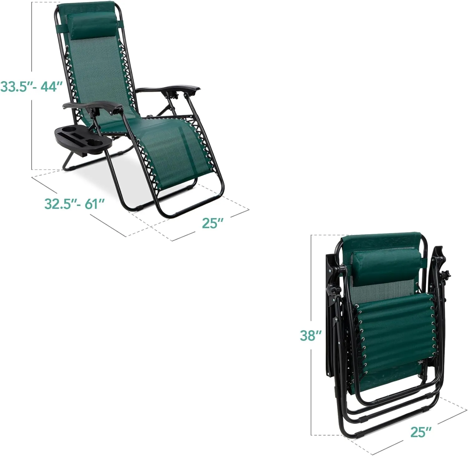 Best Choice Products Set of 2 Adjustable Steel Mesh Zero Gravity Lounge Chair Recliners w/Pillows and Cup Holder Trays - Forest Green
