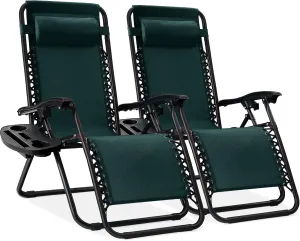 Best Choice Products Set of 2 Adjustable Steel Mesh Zero Gravity Lounge Chair Recliners w/Pillows and Cup Holder Trays - Forest Green