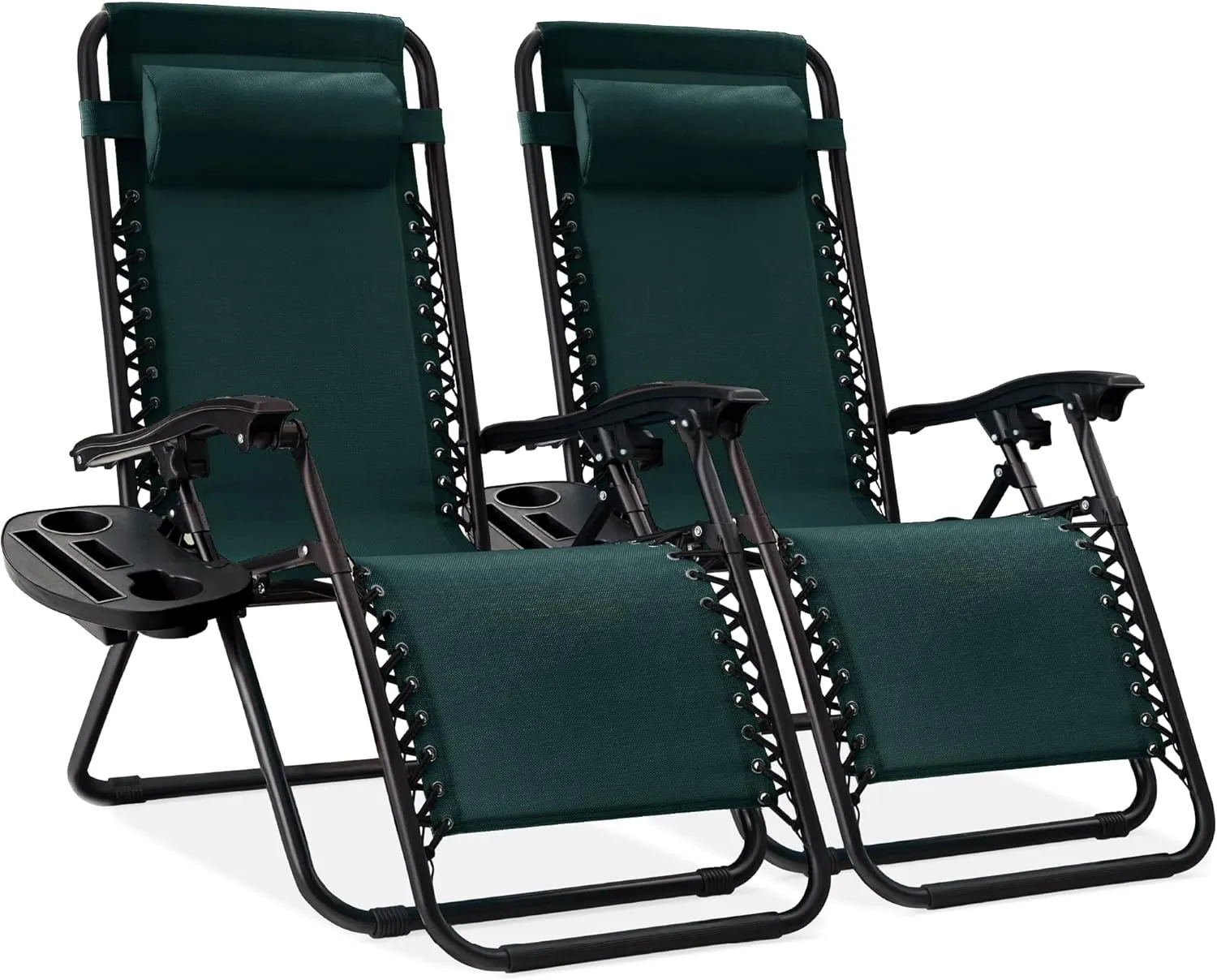 Best Choice Products Set of 2 Adjustable Steel Mesh Zero Gravity Lounge Chair Recliners w/Pillows and Cup Holder Trays - Forest Green