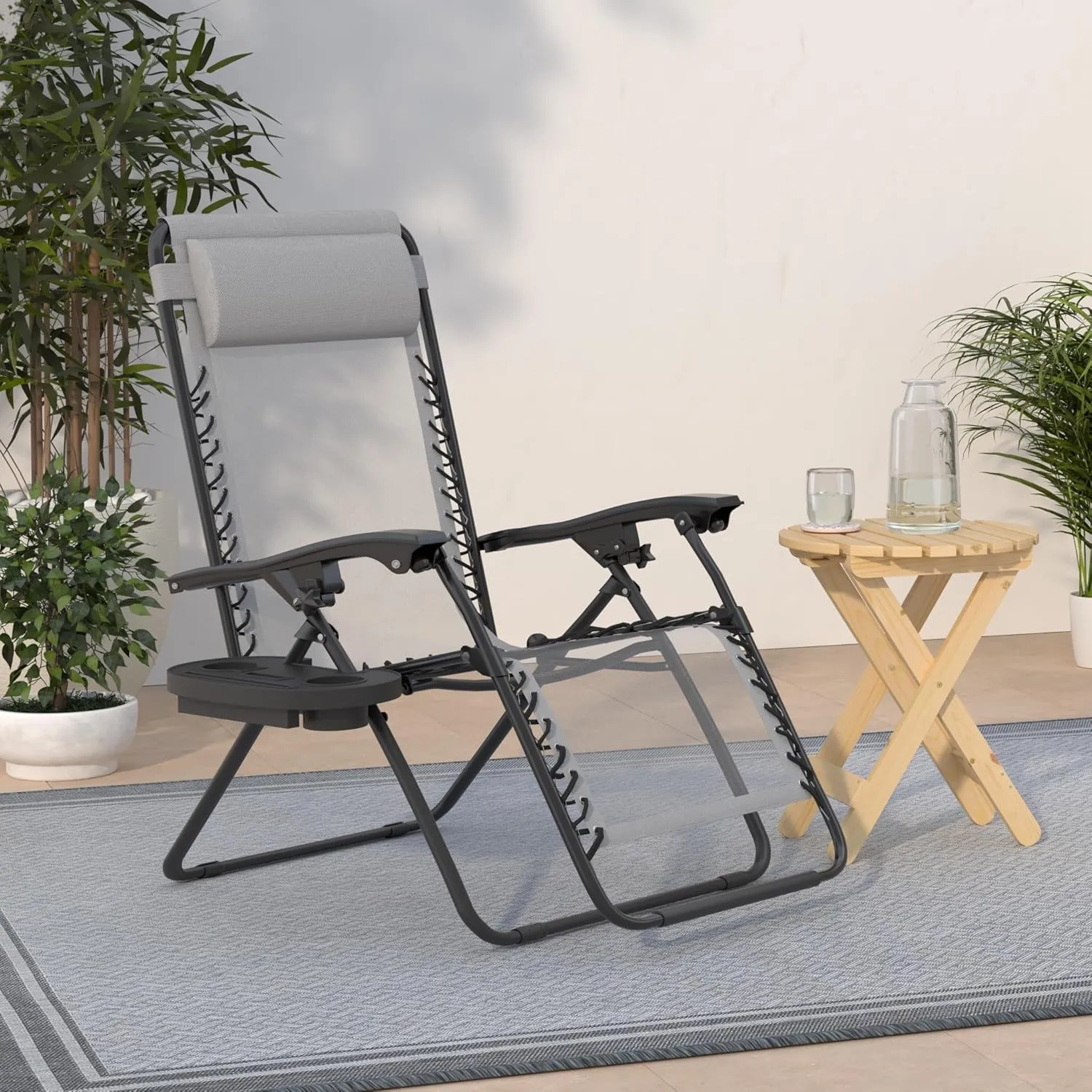 Best Choice Products Set of 2 Adjustable Steel Mesh Zero Gravity Lounge Chair Recliners w/Pillows and Cup Holder Trays - Ice Gray