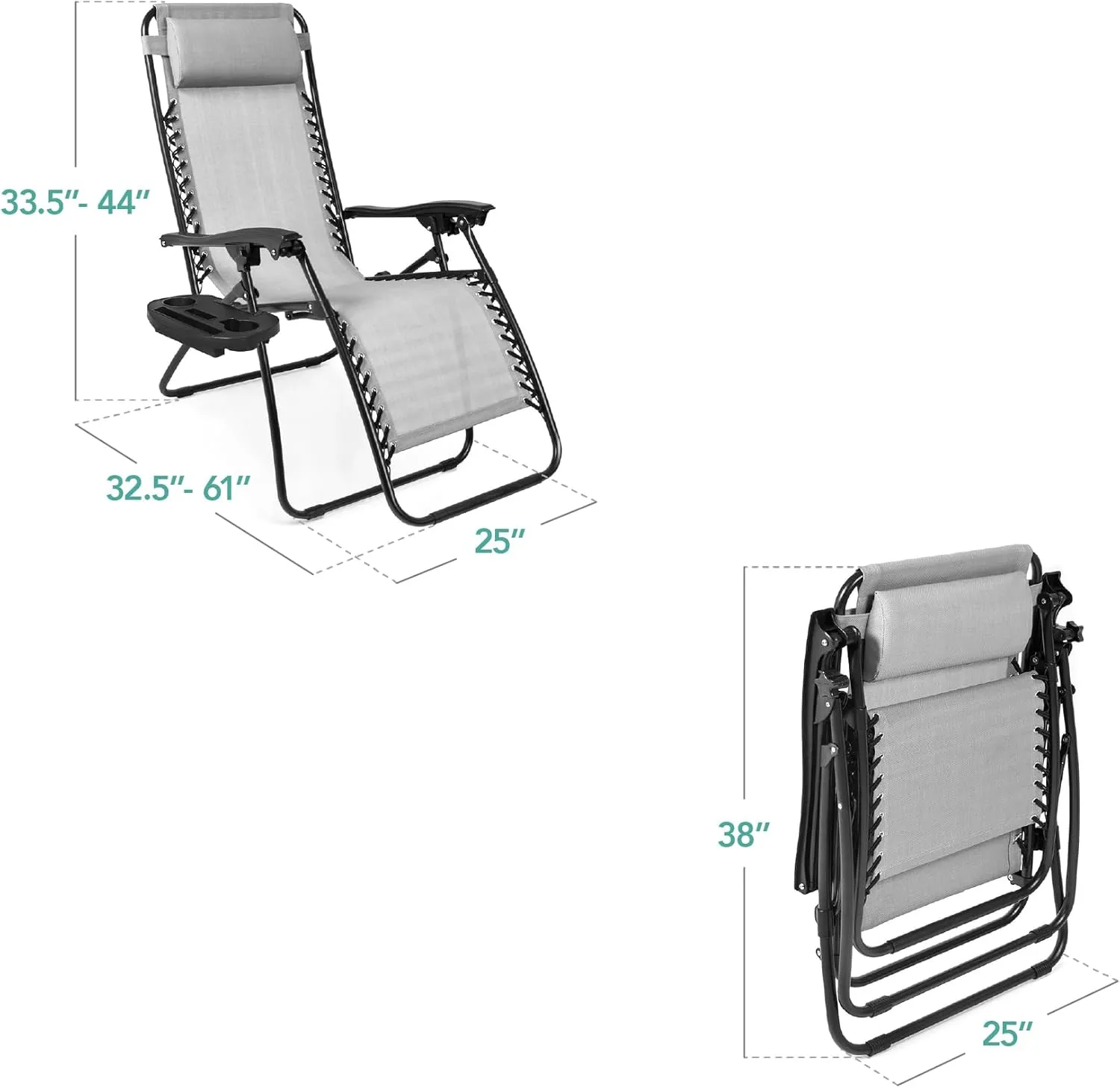 Best Choice Products Set of 2 Adjustable Steel Mesh Zero Gravity Lounge Chair Recliners w/Pillows and Cup Holder Trays - Ice Gray
