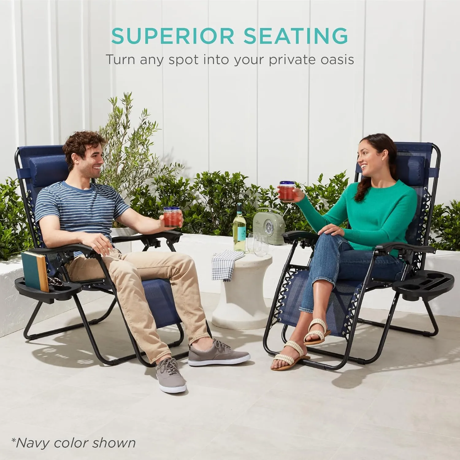 Best Choice Products Set of 2 Adjustable Steel Mesh Zero Gravity Lounge Chair Recliners w/Pillows and Cup Holder Trays - Ivory