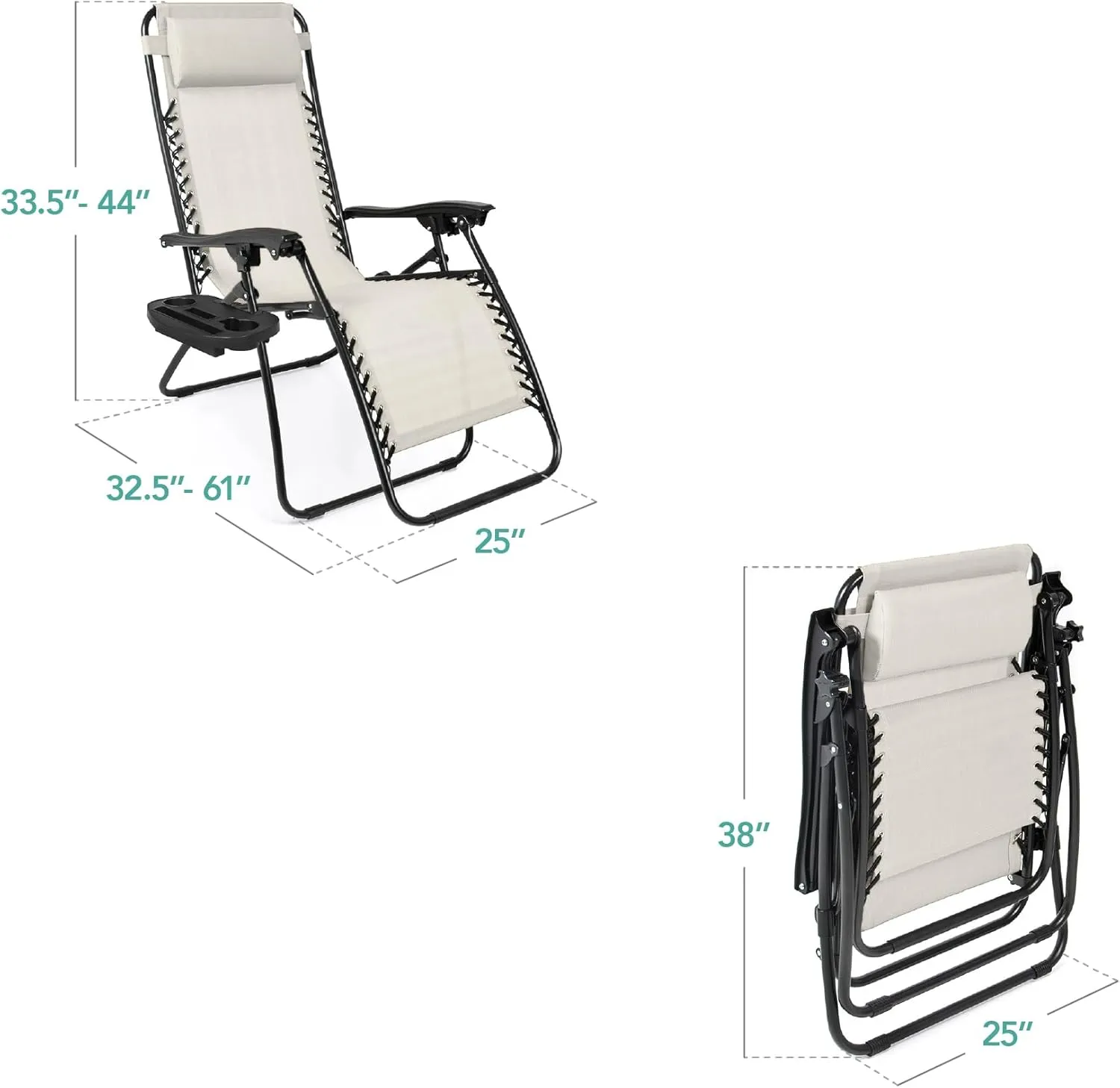 Best Choice Products Set of 2 Adjustable Steel Mesh Zero Gravity Lounge Chair Recliners w/Pillows and Cup Holder Trays - Ivory