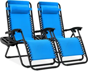 Best Choice Products Set of 2 Adjustable Steel Mesh Zero Gravity Lounge Chair Recliners w/Pillows and Cup Holder Trays - Light Blue