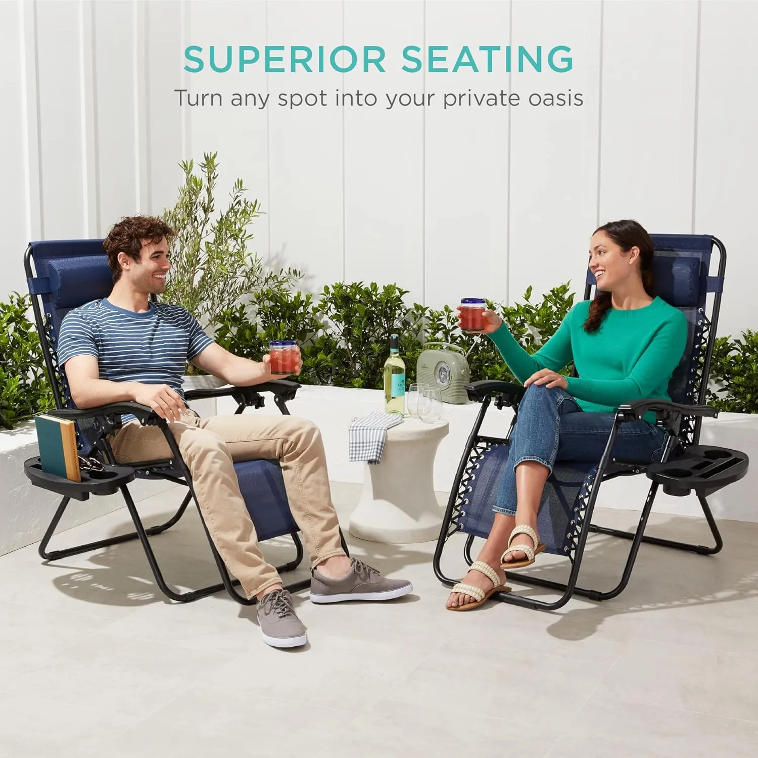 Best Choice Products Set of 2 Adjustable Steel Mesh Zero Gravity Lounge Chair Recliners w/Pillows and Cup Holder Trays - Navy Blue