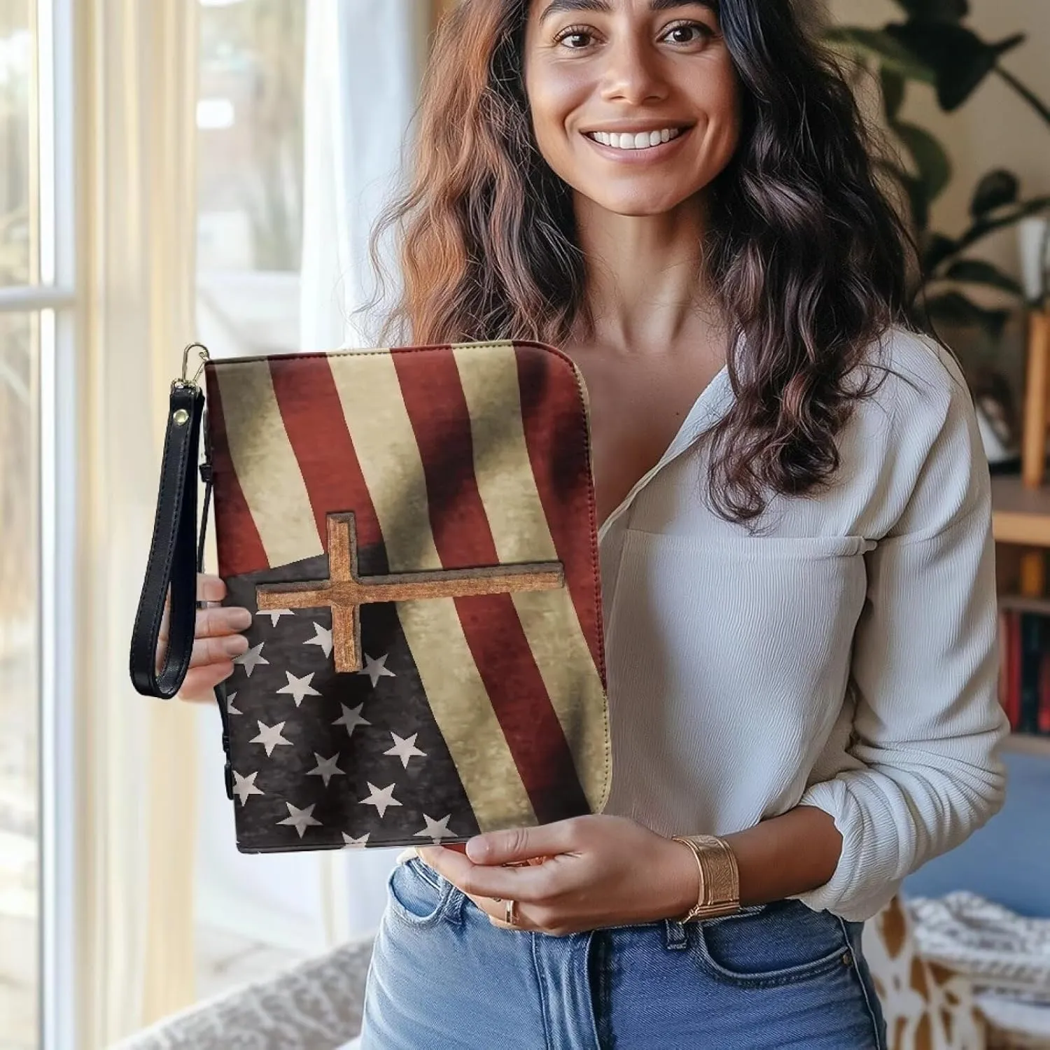Bible Case, Flag Leather Bible Protective Cover for Women Men Sturdy Bible Carrying Case Bible Storage Bag Carrier for Worship Study Church