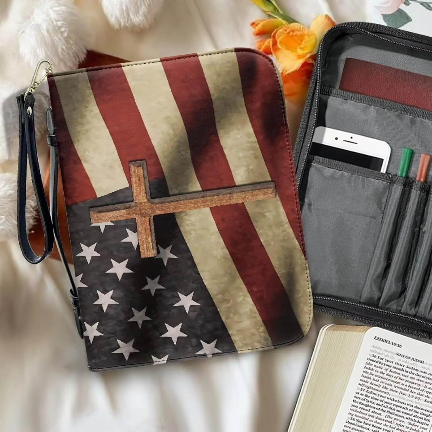 Bible Case, Flag Leather Bible Protective Cover for Women Men Sturdy Bible Carrying Case Bible Storage Bag Carrier for Worship Study Church