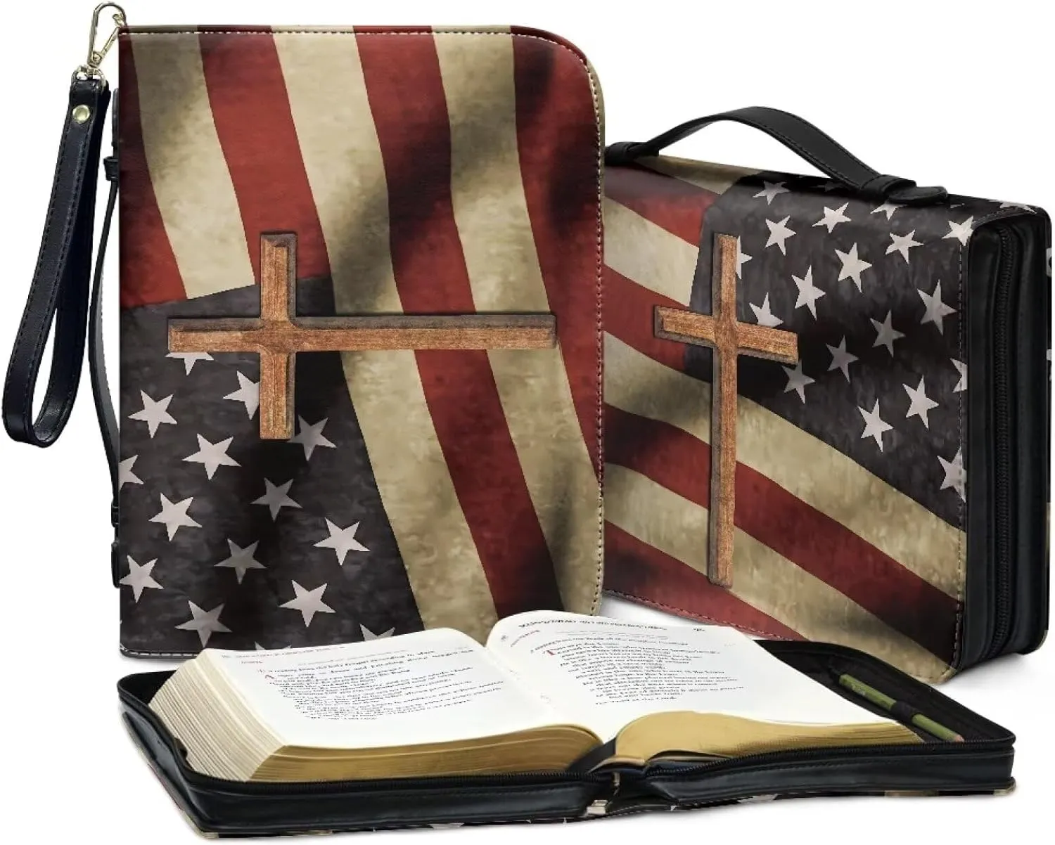Bible Case, Flag Leather Bible Protective Cover for Women Men Sturdy Bible Carrying Case Bible Storage Bag Carrier for Worship Study Church