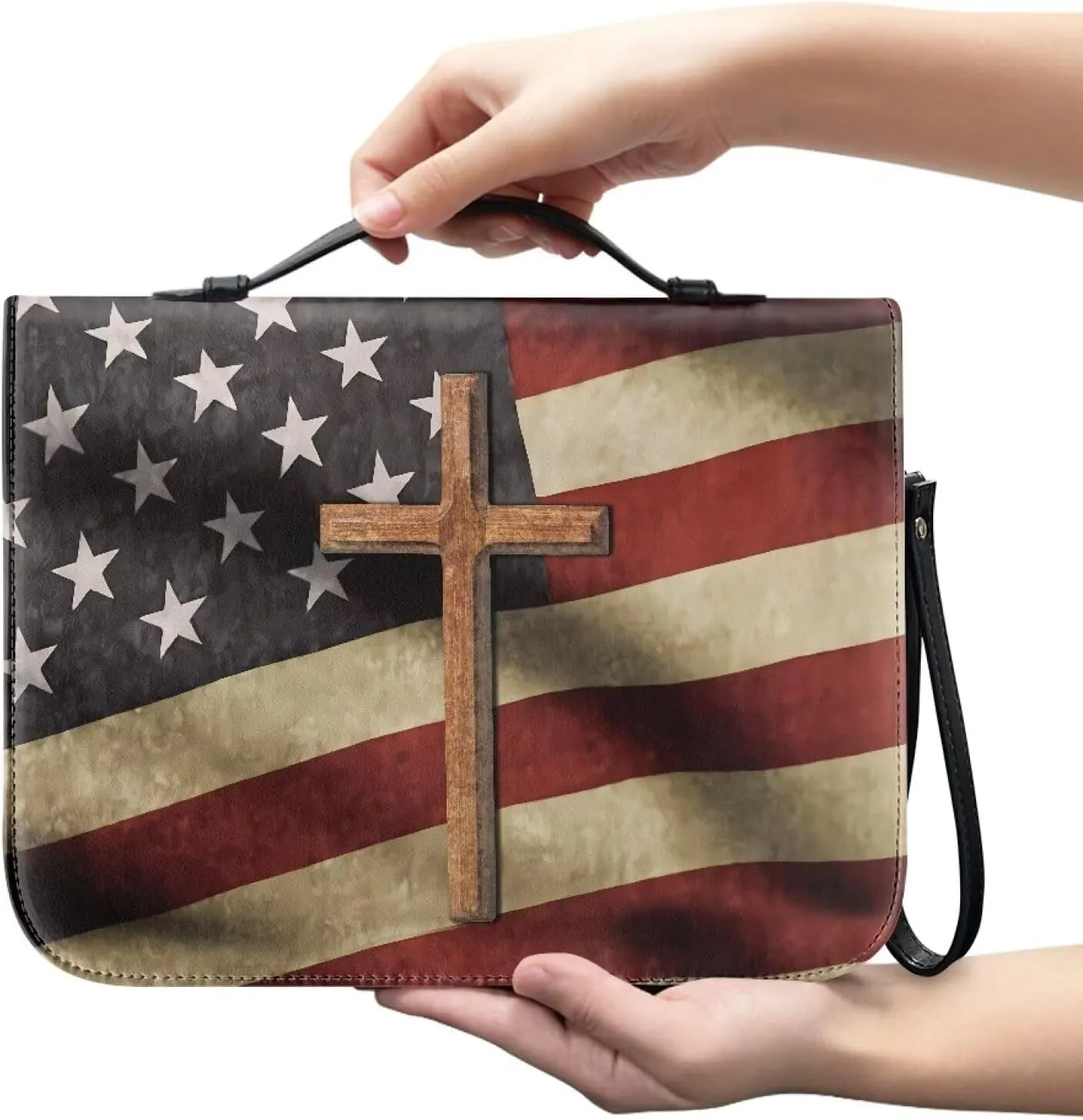 Bible Case, Flag Leather Bible Protective Cover for Women Men Sturdy Bible Carrying Case Bible Storage Bag Carrier for Worship Study Church