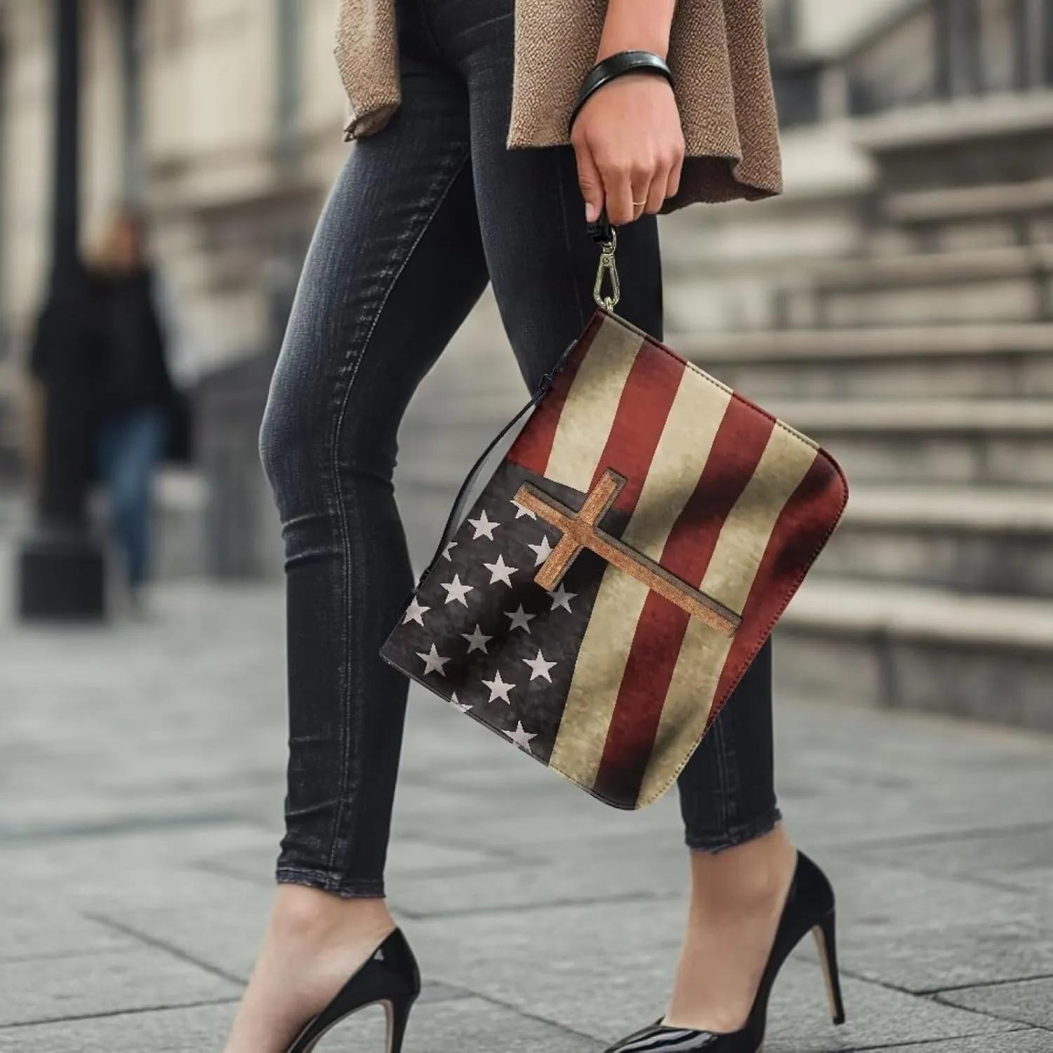 Bible Case, Flag Leather Bible Protective Cover for Women Men Sturdy Bible Carrying Case Bible Storage Bag Carrier for Worship Study Church
