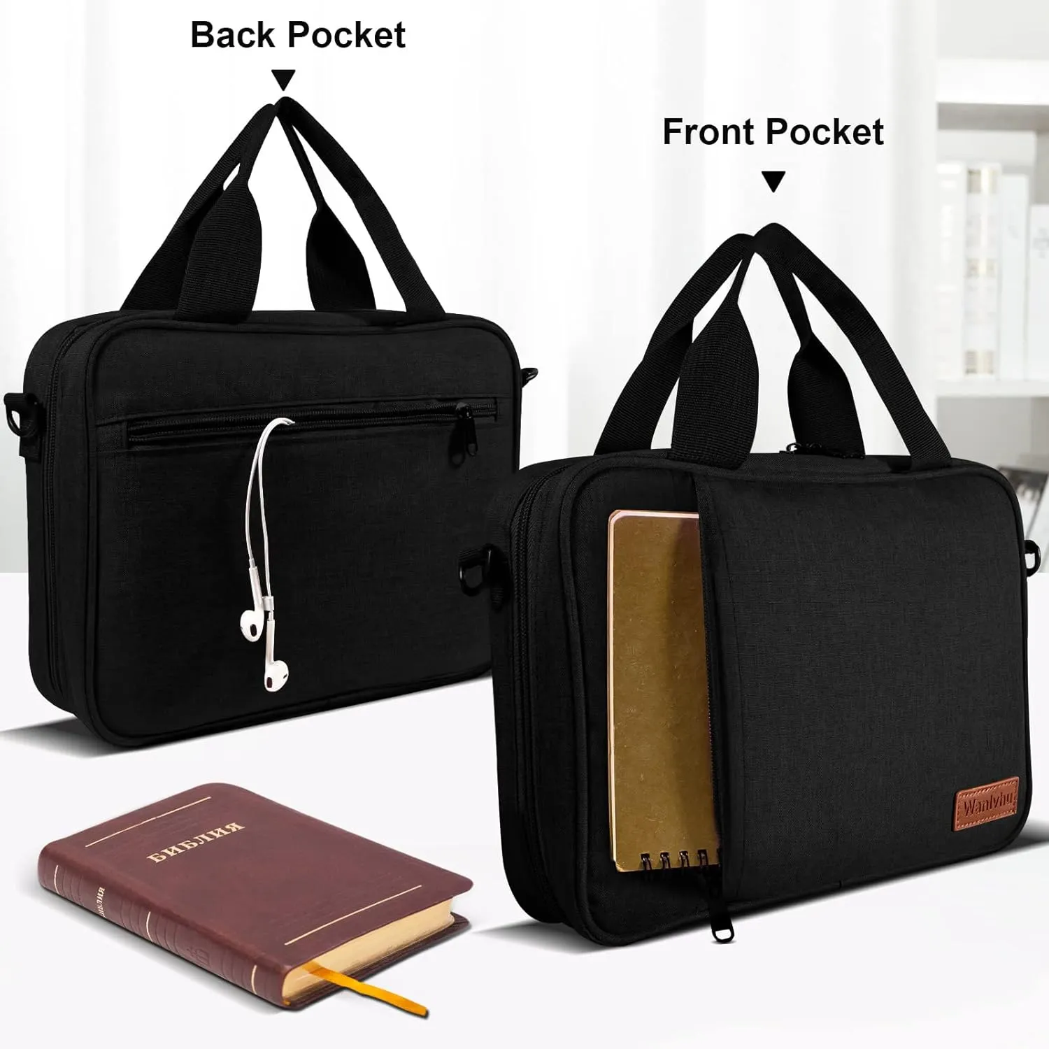 Bible Cover for Men Women, Zippered Bible Carrying Case Bible Protective Bag with Handle and Adjustable Shoulder Strap, Bible Bag for Women Men Kids (Black)