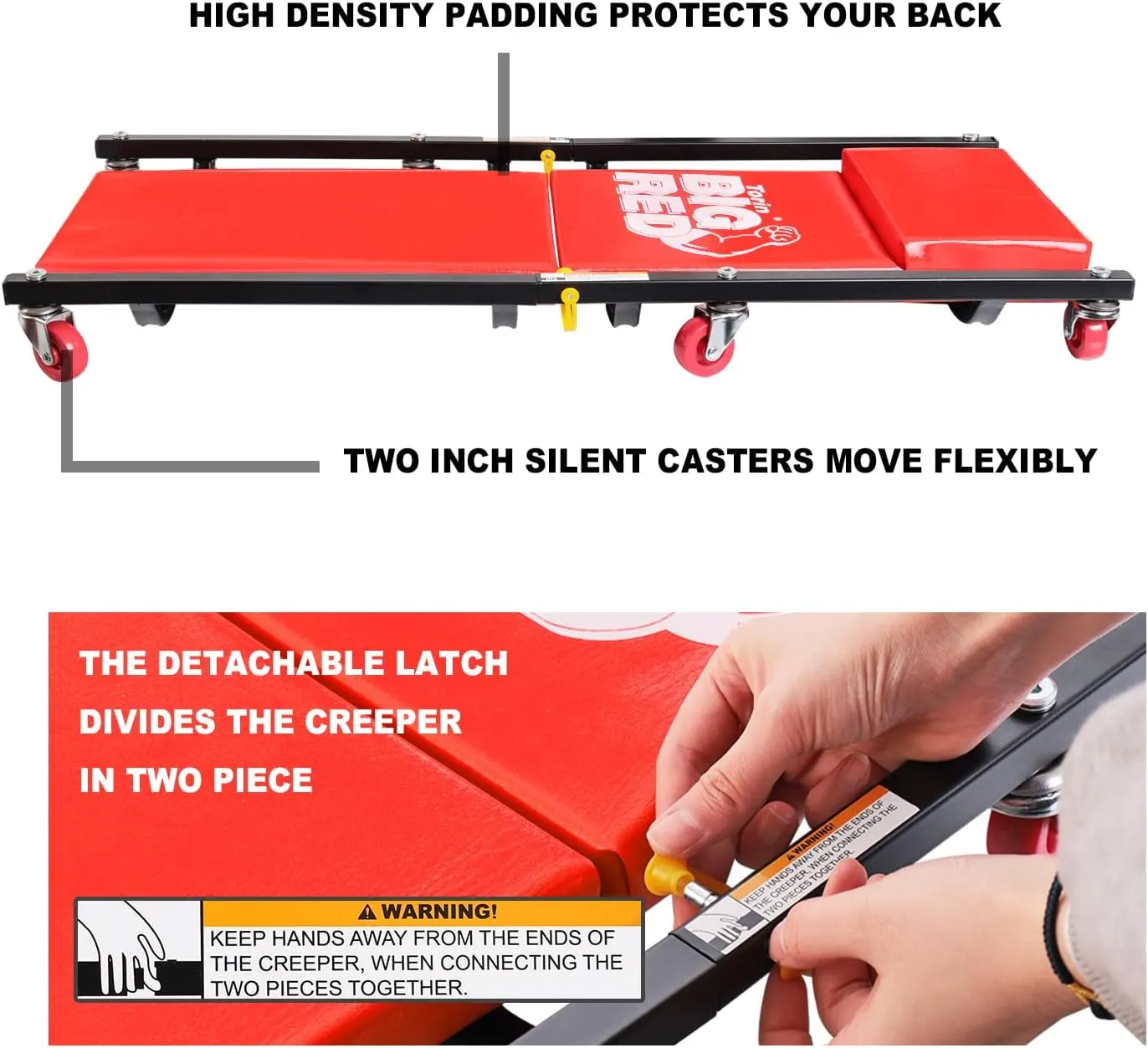 BIG RED 2-Piece Rolling Garage/Shop Creeper: 36" Padded Mechanic Cart with Headrest and 6 Casters, Red
