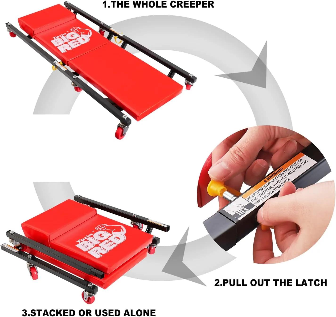 BIG RED 2-Piece Rolling Garage/Shop Creeper: 36" Padded Mechanic Cart with Headrest and 6 Casters, Red