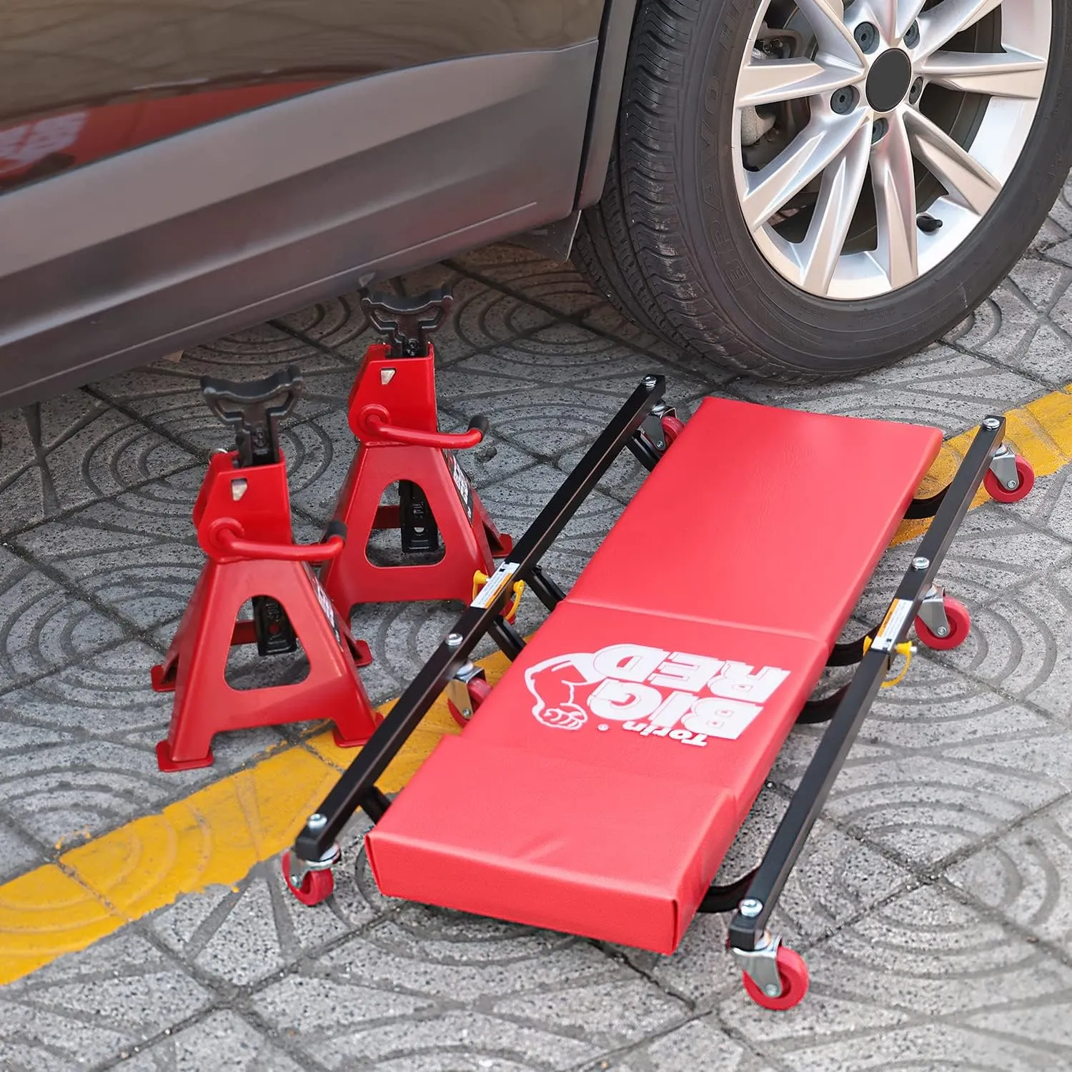BIG RED 2-Piece Rolling Garage/Shop Creeper: 36" Padded Mechanic Cart with Headrest and 6 Casters, Red