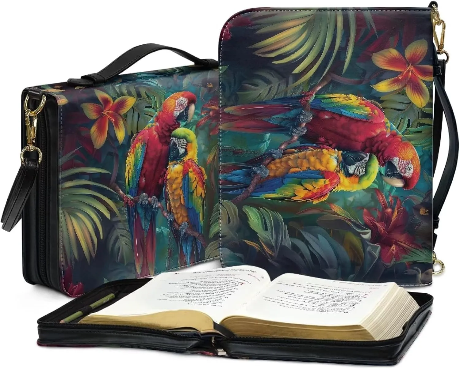 Bird Bible Bag with Handle, Floral Large Bible Cover Case for Women Girls, Leather Bible Tote Bag with Shoulder Strap, Waterproof Bible Accessories for Study Bible, Green, L