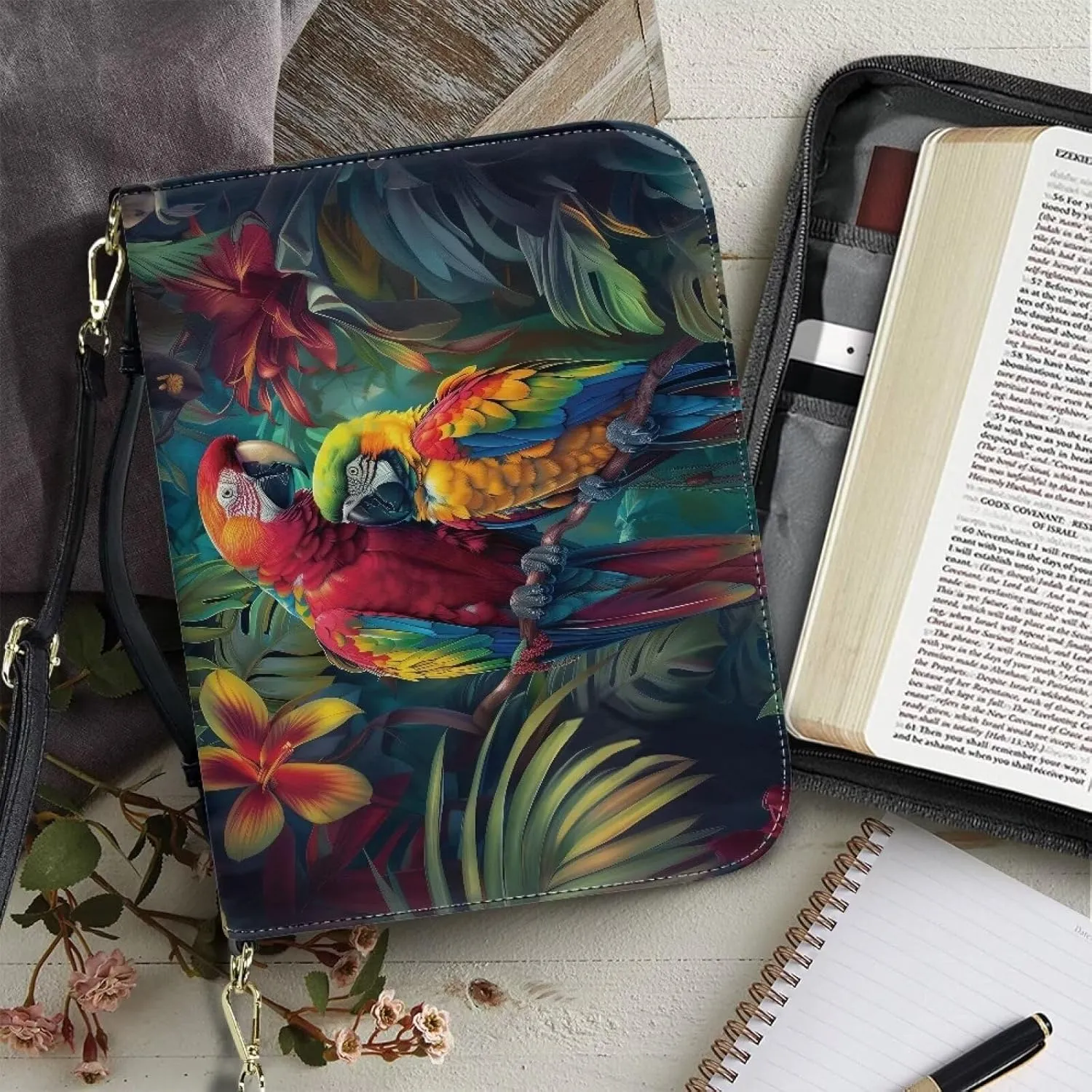 Bird Bible Bag with Handle, Floral Large Bible Cover Case for Women Girls, Leather Bible Tote Bag with Shoulder Strap, Waterproof Bible Accessories for Study Bible, Green, L