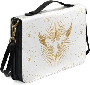 Bird Bible Book Cover for Women Girls, Leather Bible Carrying Case with Shoulder Strap, Lightweight Bible Tote Bag with Pen Slots, Large Bible Accessories with Pocket, White, L