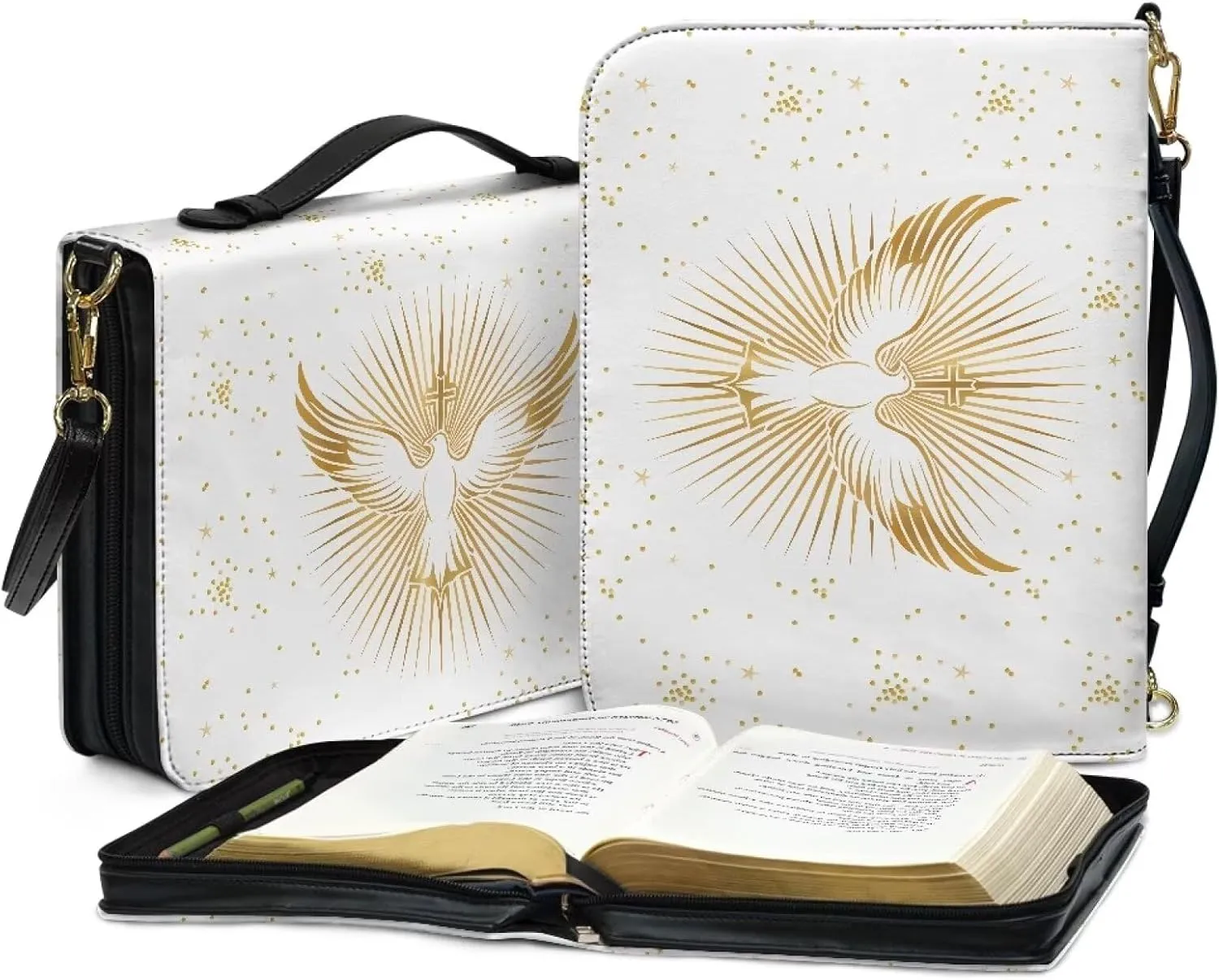 Bird Bible Book Cover for Women Girls, Leather Bible Carrying Case with Shoulder Strap, Lightweight Bible Tote Bag with Pen Slots, Large Bible Accessories with Pocket, White, L